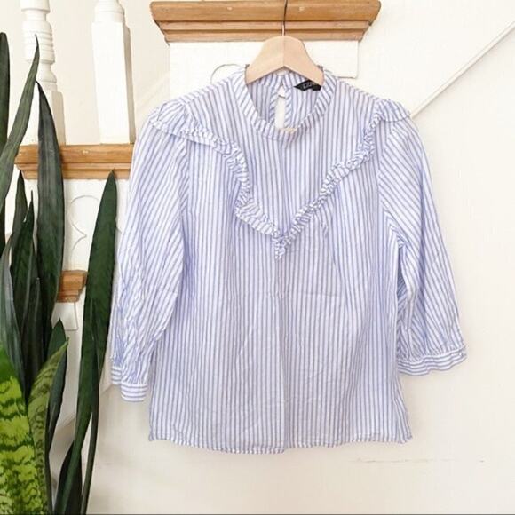 EXPRESS striped ruffle blue white blouse size S - Picture 1 of 7